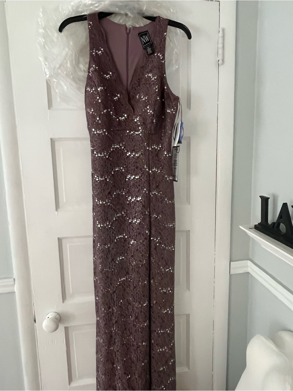 R&M Richards Mocha Lace Sequin Maxi Gown